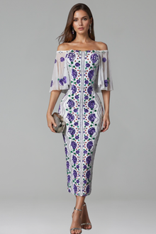 Embroidered Off Shoulder Midi Dress - LAROSABRIDE