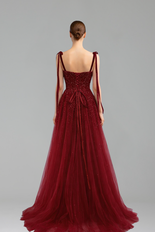 Beaded Spaghetti Strap A-Line Gown - LAROSABRIDE