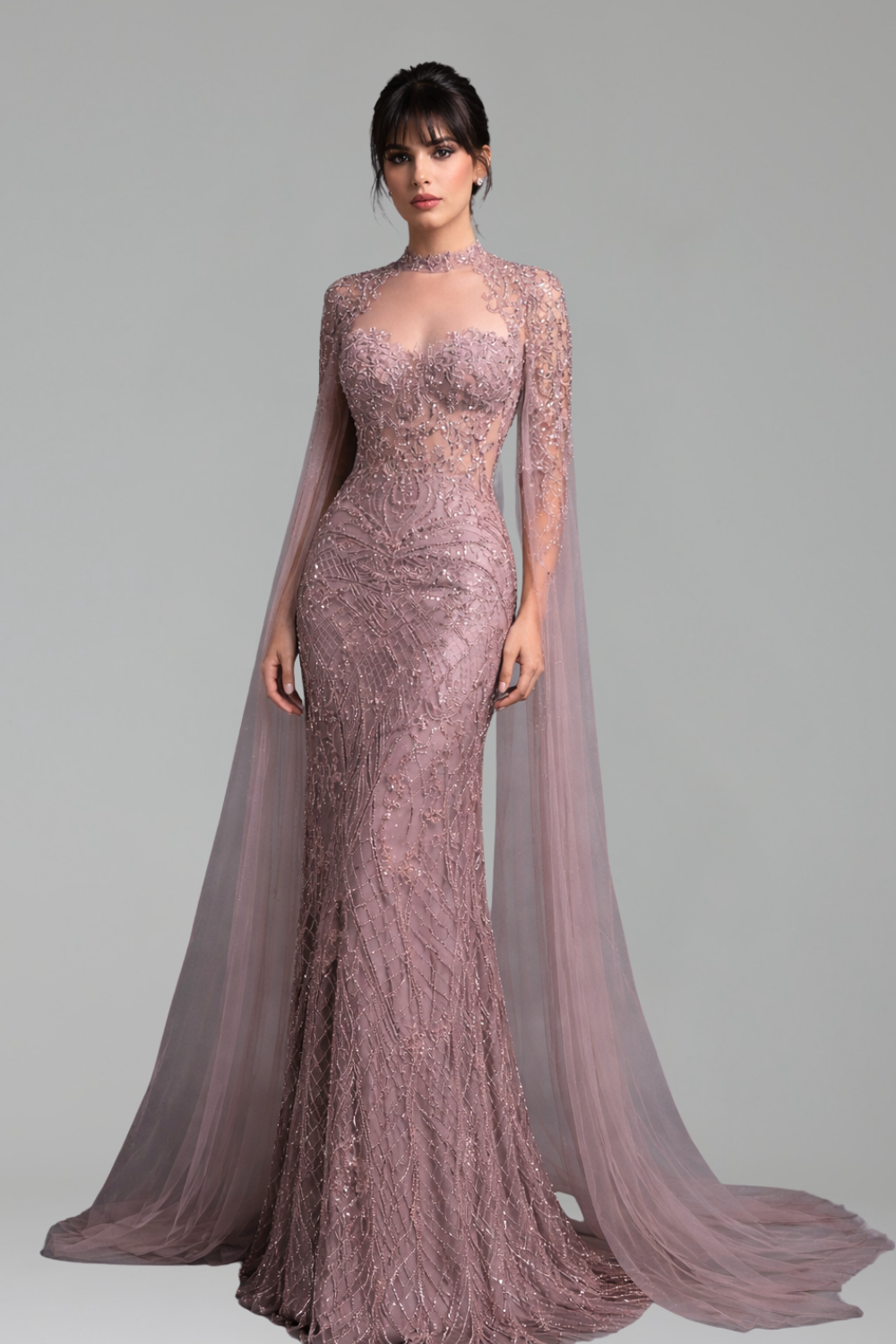Beaded Cape Mermaid Dress - LAROSABRIDE