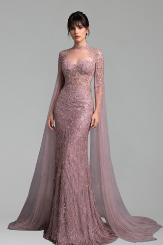 Beaded Cape Mermaid Dress - LAROSABRIDE