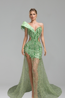 Asymmetric Beaded High Slit Gown - LAROSABRIDE