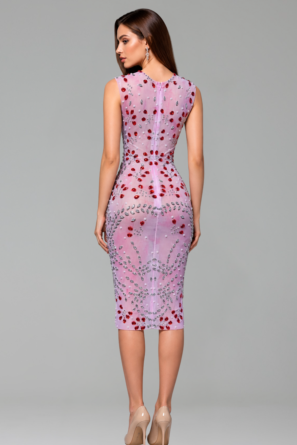 Sleeveless Rhinestone Sheath Dress - LAROSABRIDE