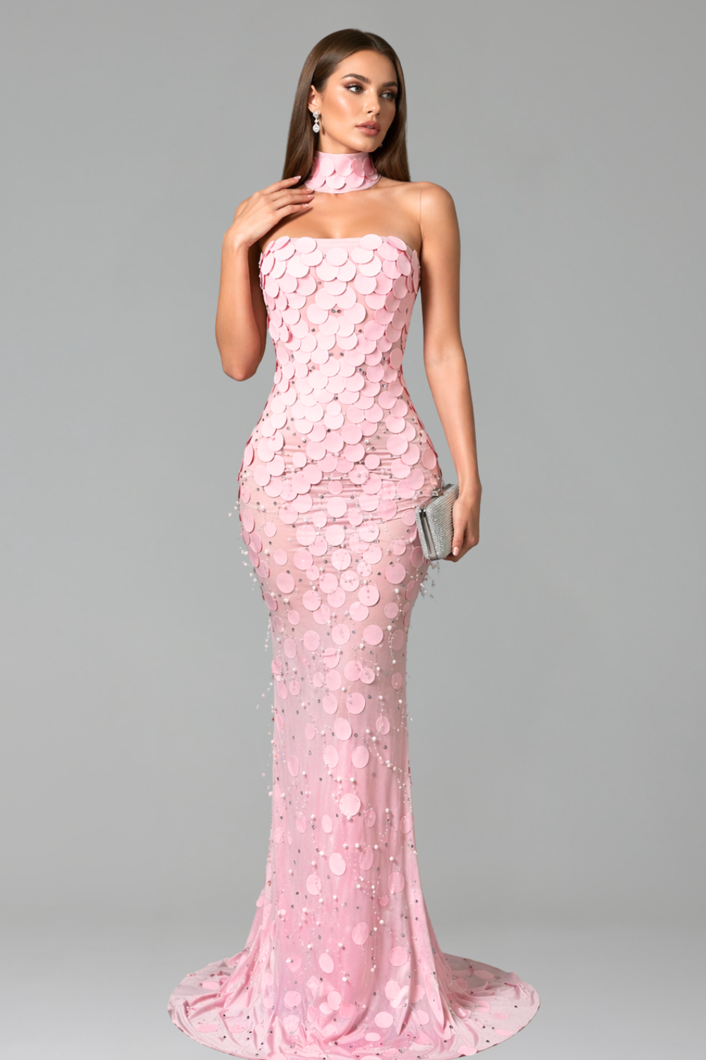 Sequin Disc Strapless Choker Gown - LAROSABRIDE