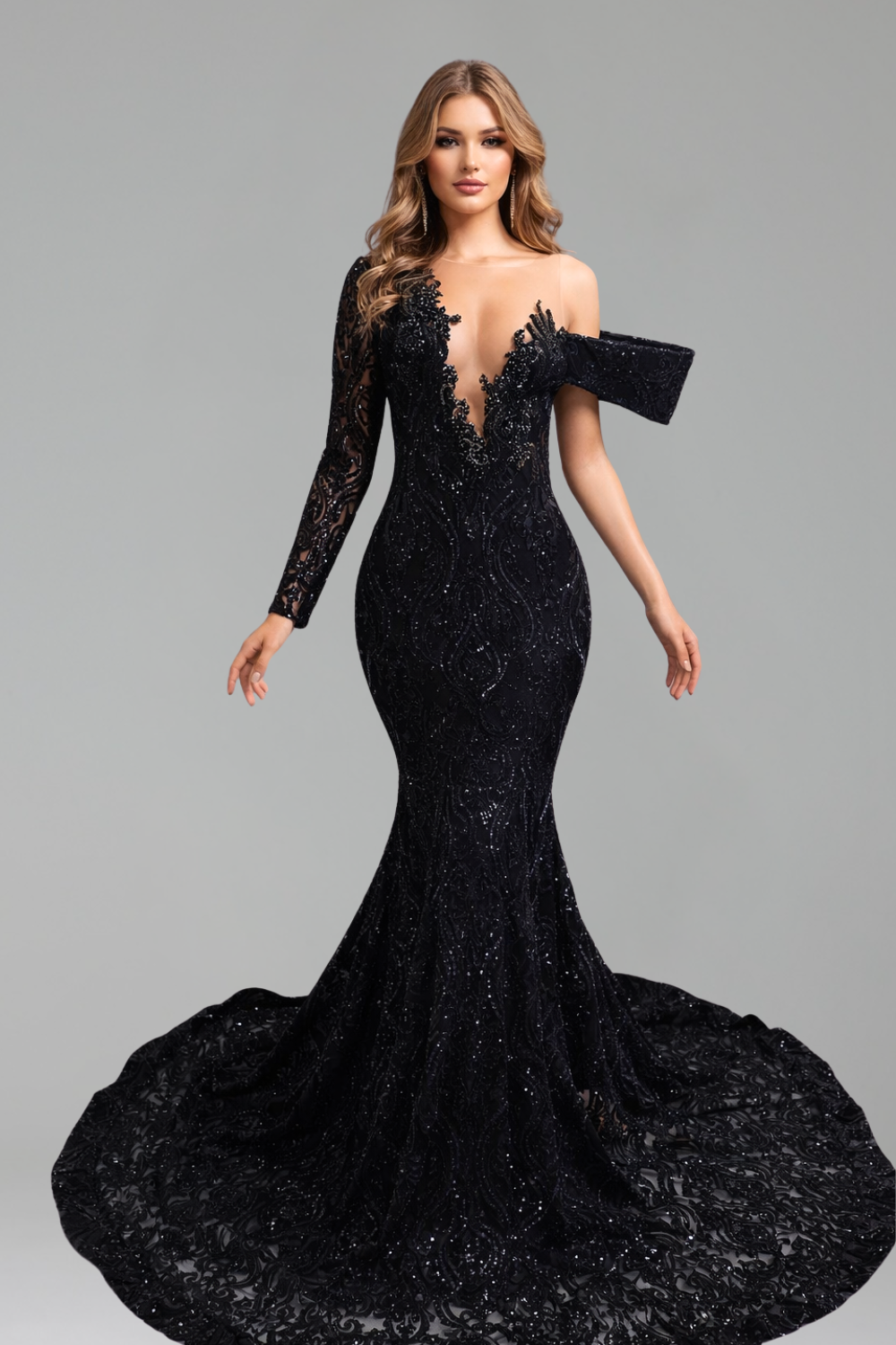 One Shoulder Illusion Mermaid Gown - LAROSABRIDE
