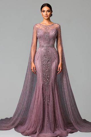 Beaded Mermaid Cape Sleeve Dress - LAROSABRIDE