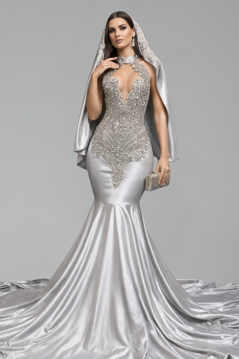 Halter Embellished Cape Mermaid Gown - LAROSABRIDE