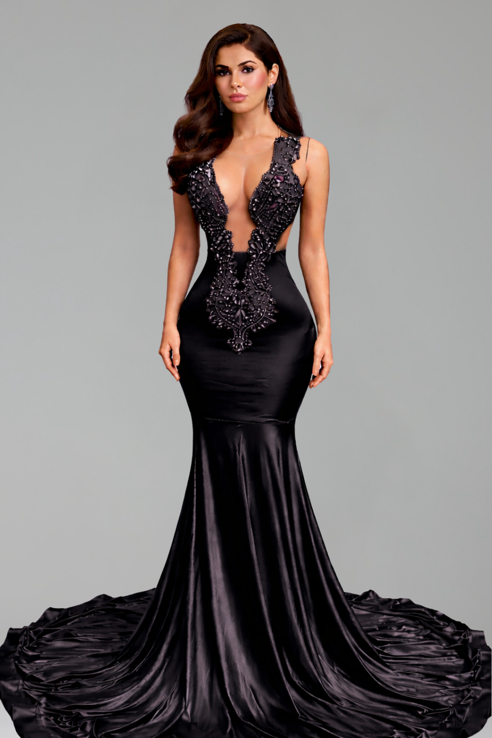 Illusion Plunge Satin Mermaid Gown - LAROSABRIDE