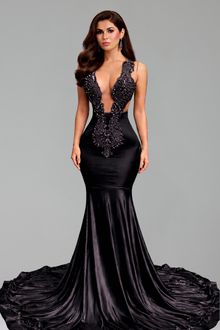 Illusion Plunge Satin Mermaid Gown - LAROSABRIDE