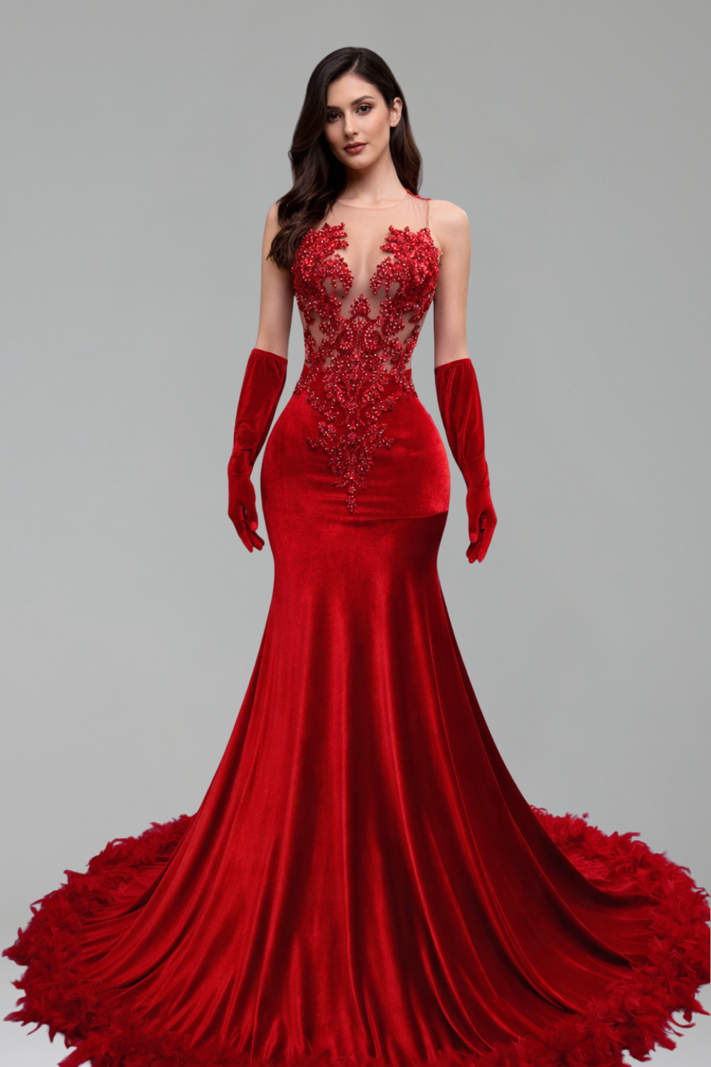 Illusion Appliqu� Velvet Mermaid Gown - LAROSABRIDE
