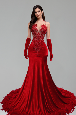 Illusion Appliqu� Velvet Mermaid Gown - LAROSABRIDE