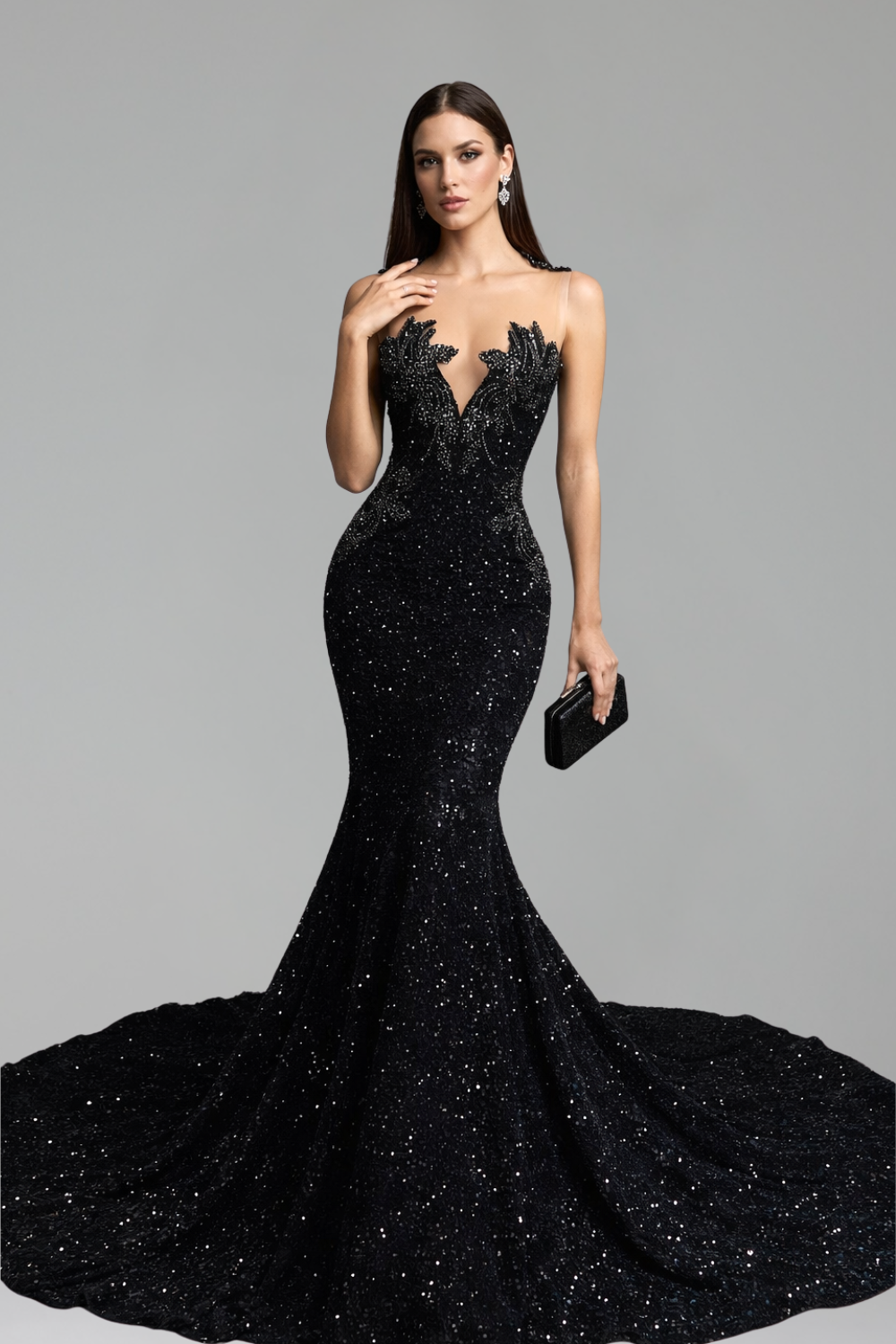 Deep V Embellished Mermaid Gown - LAROSABRIDE