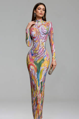 Abstract Mosaic Bodycon Midi Dress - LAROSABRIDE