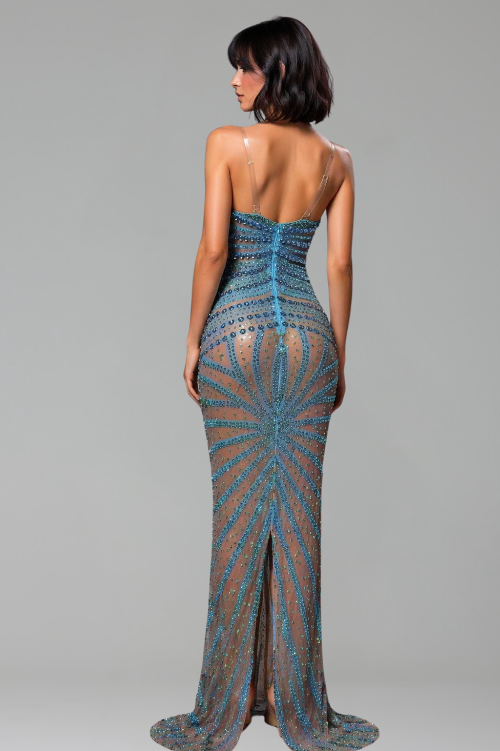 Sheer Embellished Column Evening Gown - LAROSABRIDE
