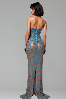 Sheer Embellished Column Evening Gown - LAROSABRIDE