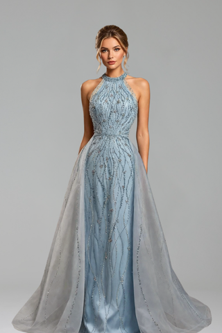 Halter Beaded Mermaid Overskirt Dress - LAROSABRIDE