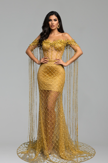 Off-Shoulder Chain Drape Dress - LAROSABRIDE