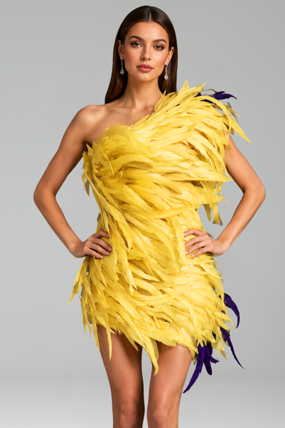 One-Shoulder Feathered Mini Dress - LAROSABRIDE