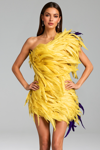 One-Shoulder Feathered Mini Dress - LAROSABRIDE