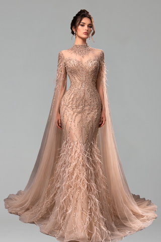 Beaded Feather Cape Sleeve Dress