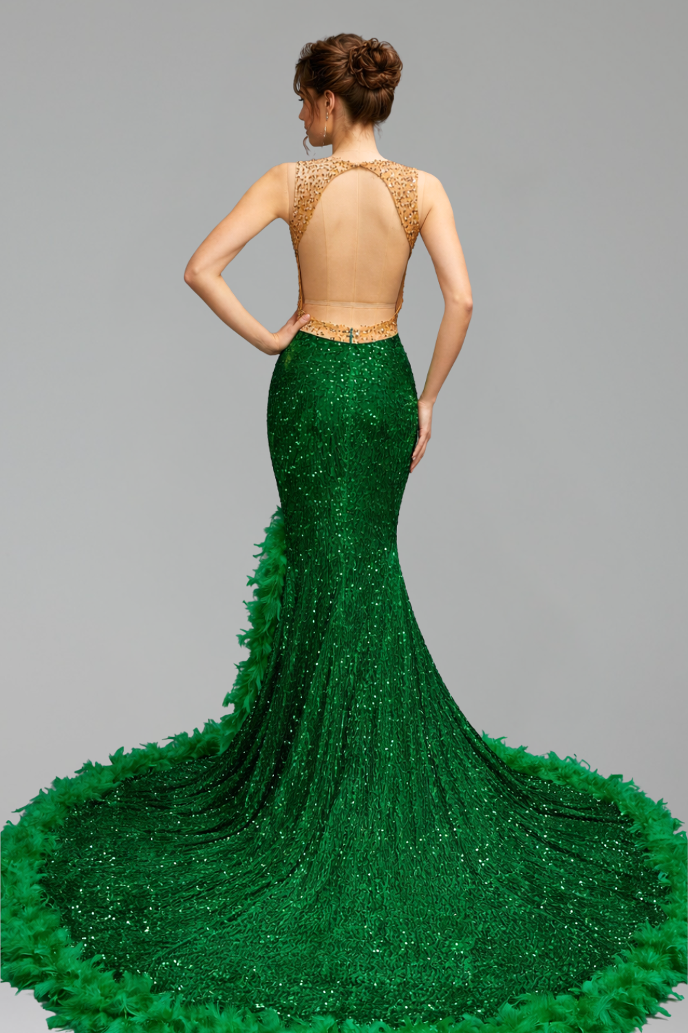 Beaded Feather Trim Mermaid Gown - LAROSABRIDE