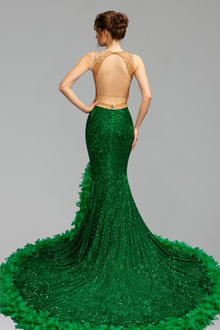 Beaded Feather Trim Mermaid Gown - LAROSABRIDE