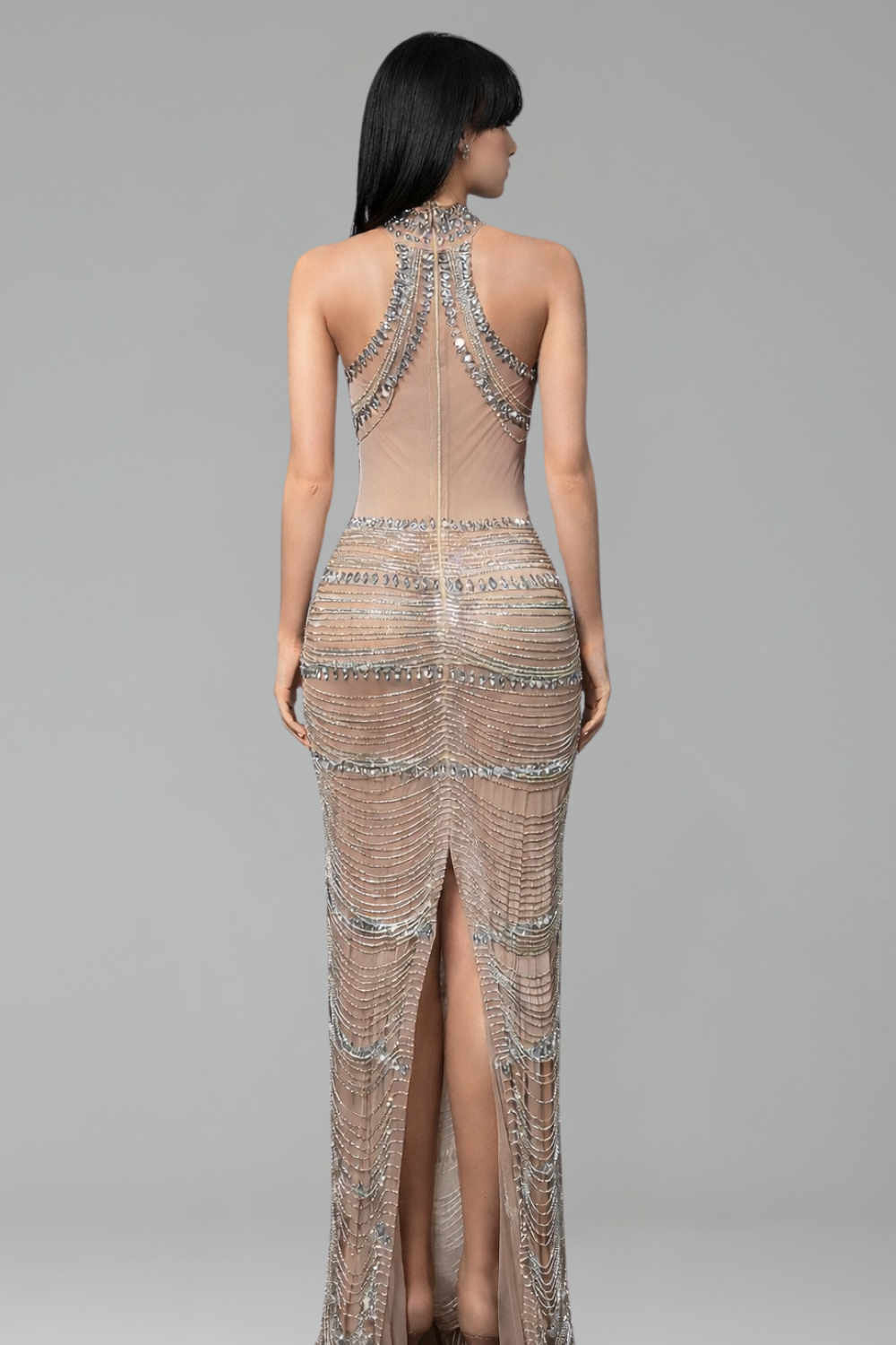 Crystal Draped Chain Halter Gown - LAROSABRIDE