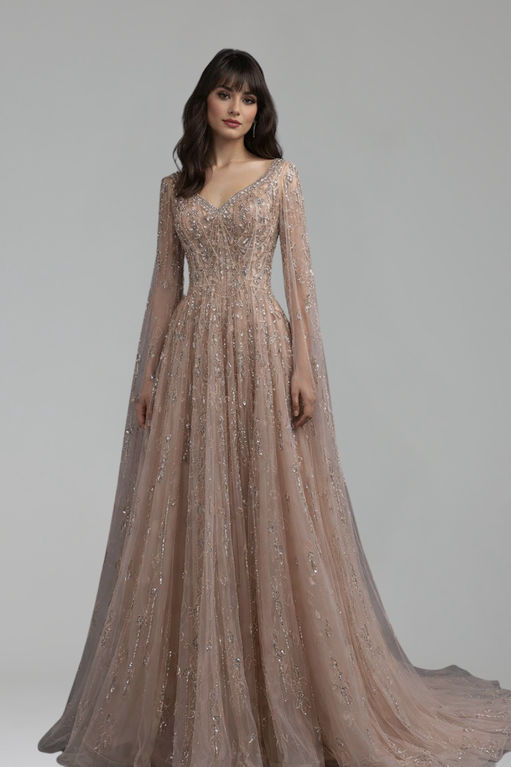 Crystal Beaded Cape Evening Dress - LAROSABRIDE