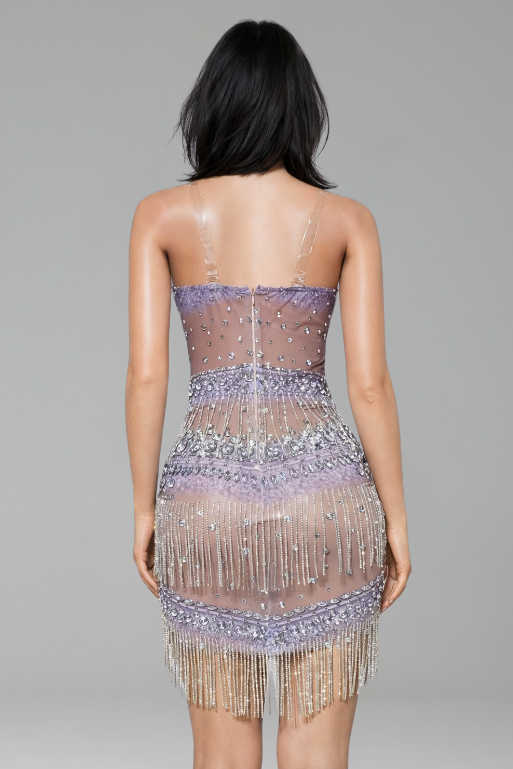 Beaded Fringe Illusion Mini Dress - LAROSABRIDE