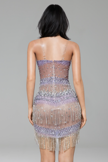 Beaded Fringe Illusion Mini Dress - LAROSABRIDE