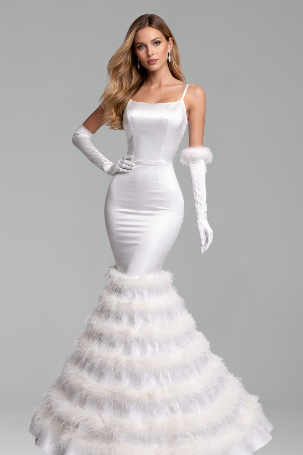 Feathered Satin Mermaid Dress - LAROSABRIDE