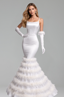 Feathered Satin Mermaid Dress - LAROSABRIDE