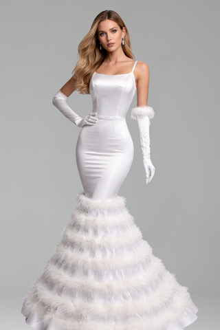 Feathered Satin Mermaid Dress - LAROSABRIDE