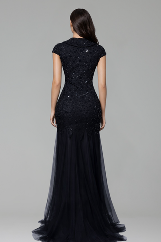 Beaded Slit Gown with Sheer Train