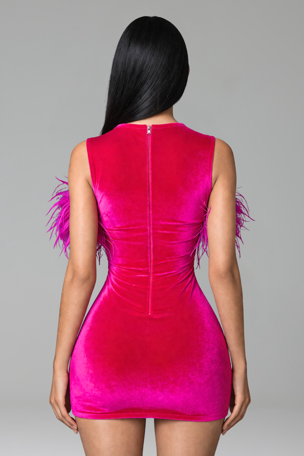 Feathered Pink Velvet Mini Dress - LAROSABRIDE