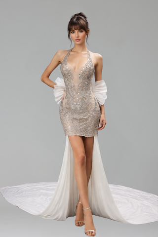 Beaded Halter Mermaid Dress - LAROSABRIDE
