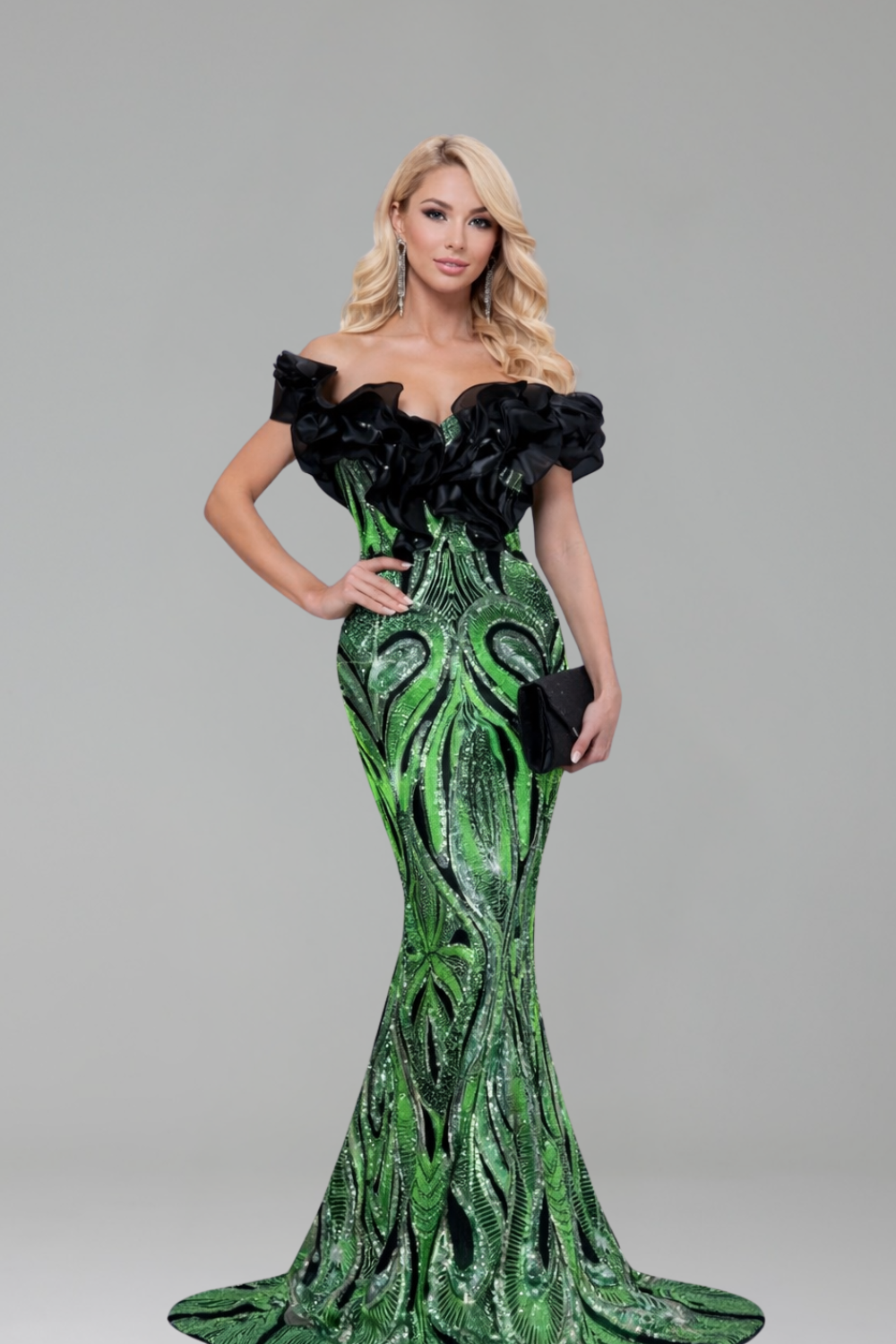 Off Shoulder Ruffle Beaded Mermaid Gown - LAROSABRIDE