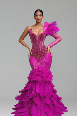 One-Shoulder Feathered Mermaid Gown - LAROSABRIDE