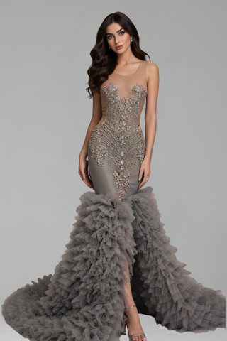 Beaded Ruffle Mermaid Evening Dress - LAROSABRIDE