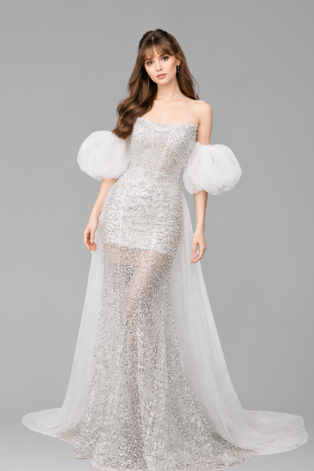 Beaded Evening Dress Puff Sleeves - LAROSABRIDE