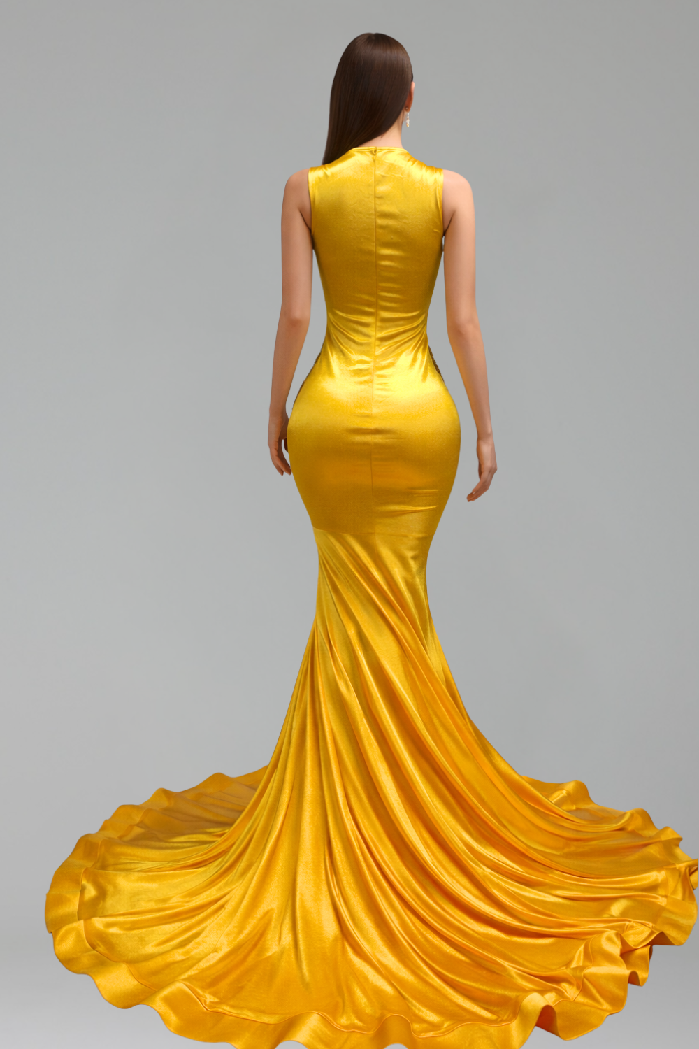 Sheer Embellished Mermaid Satin Gown - LAROSABRIDE