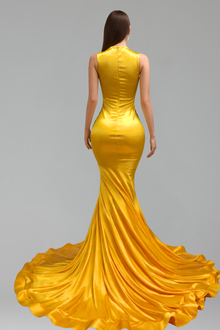 Sheer Embellished Mermaid Satin Gown - LAROSABRIDE
