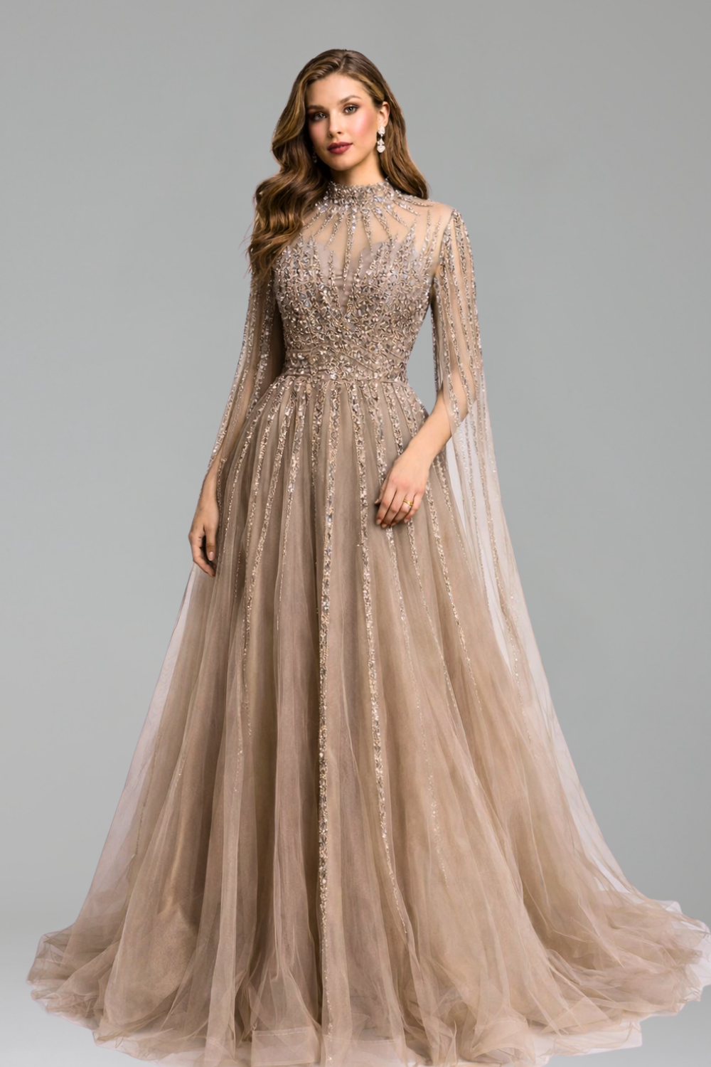 Beaded Cape Sleeve A-Line Dress - LAROSABRIDE