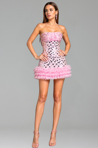 Strapless Sequin Tulle Mini Dress - LAROSABRIDE