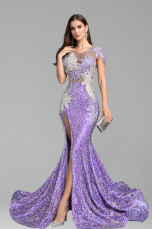 Illusion Appliqu� High Slit Gown - LAROSABRIDE