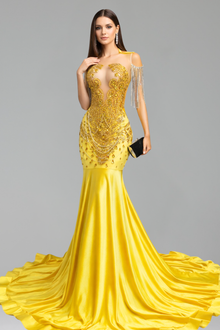 Asymmetric Beaded Fringe Mermaid Gown - LAROSABRIDE