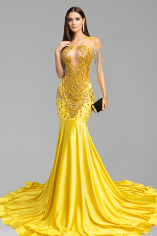 Asymmetric Beaded Fringe Mermaid Gown - LAROSABRIDE