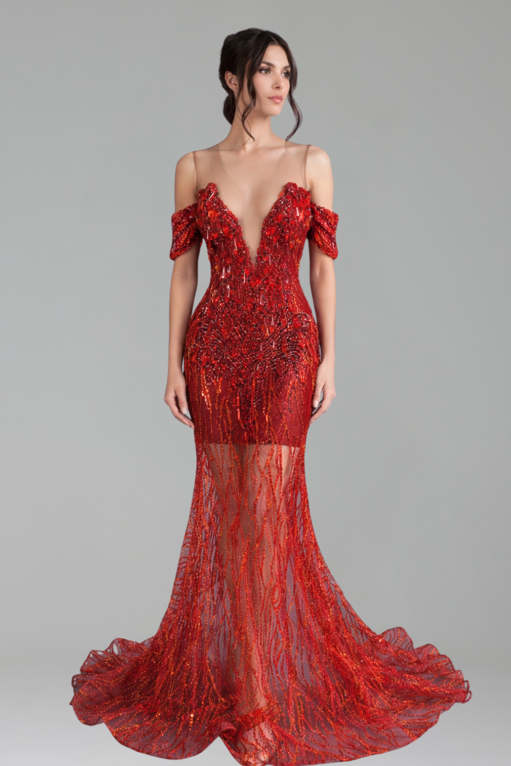 Off-Shoulder Illusion Embellished Mermaid Gown - LAROSABRIDE