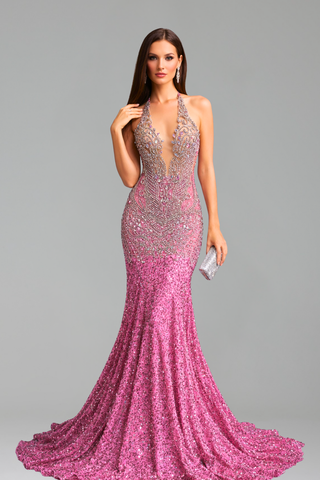 Halter Illusion Embellished Mermaid Gown - LAROSABRIDE