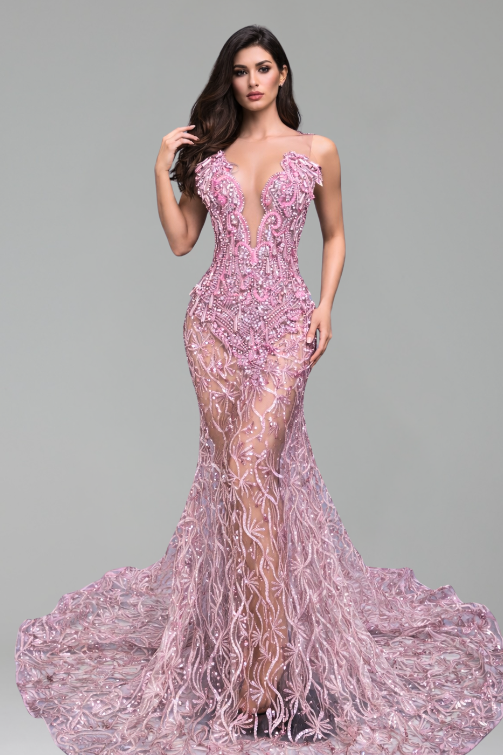 Illusion Beaded Mermaid Evening Dress - LAROSABRIDE