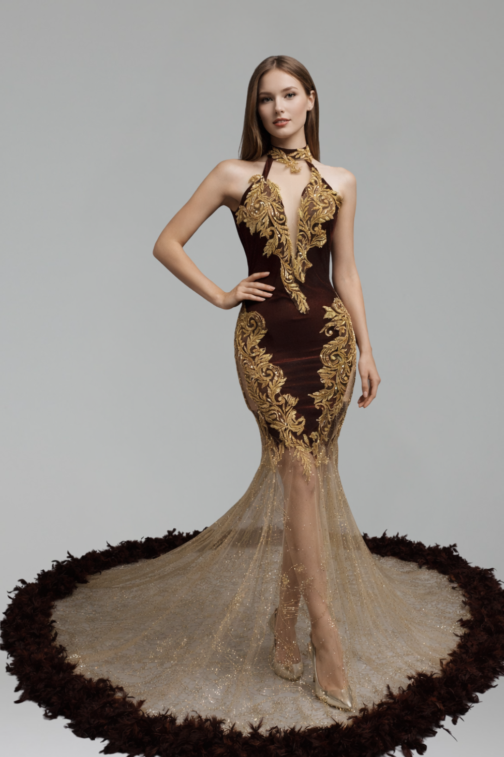 Beaded Halter Mermaid Feather Gown - LAROSABRIDE